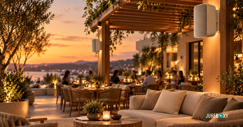 Outdoor speakers on a restaurant rooftop patio