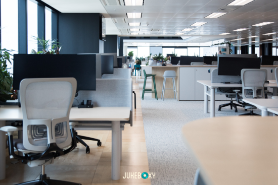 Modern 2026 open-plan office with biophilic design and acoustic wall panels, creating a productive environment for background music.