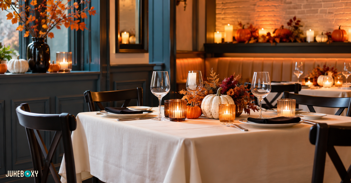 Restaurant dining room decorated for Halloween with mini pumpkins, candles and autumn leaves on white tablecloths