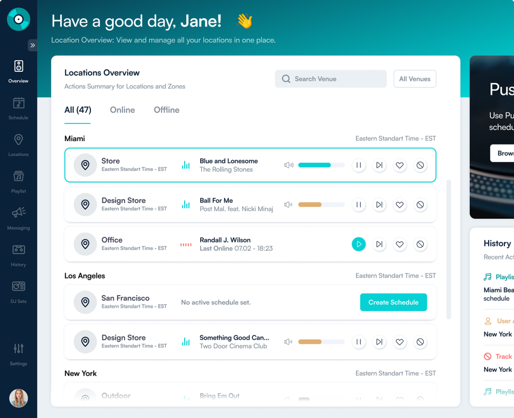 Jukeboxy dashboard showing a Locations Overview, where you can see and control music playing at multiple business locations grouped by city from one screen