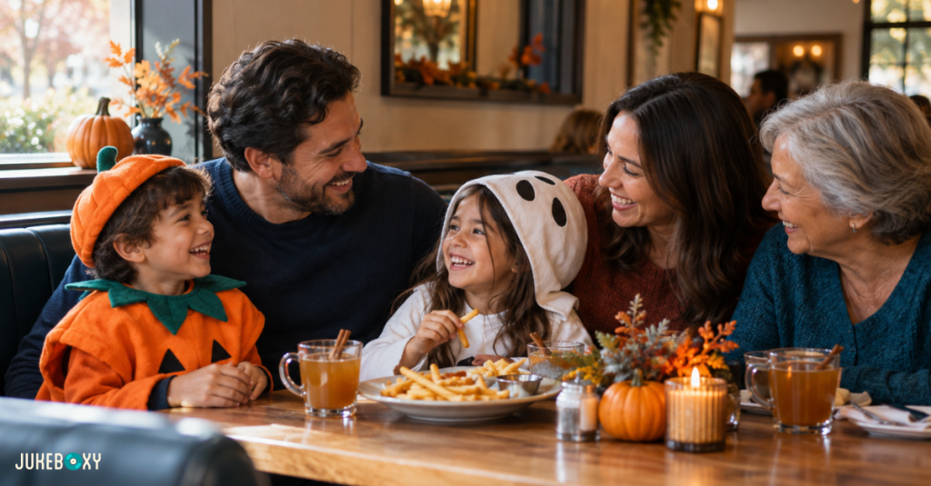 Family celebrating Halloween at a restaurant table, with kids in pumpkin and ghost costumes, pumpkins and candles as table decor