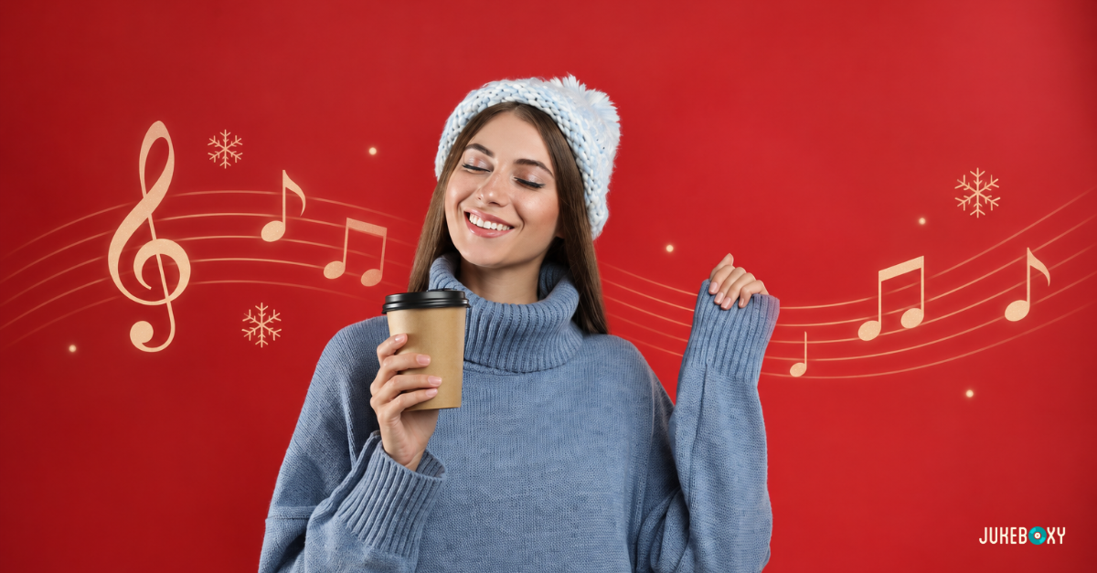 Smiling woman in a winter hat holding a coffee cup and enjoying Christmas music, with music notes and snowflakes on a red background